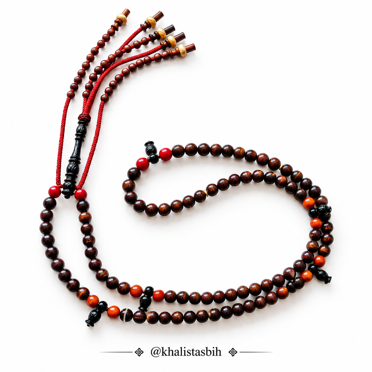 TASBIH TIJANI GOLD YUSER MIX RED CORAL SIZE 10 MM, RUMI CARVED