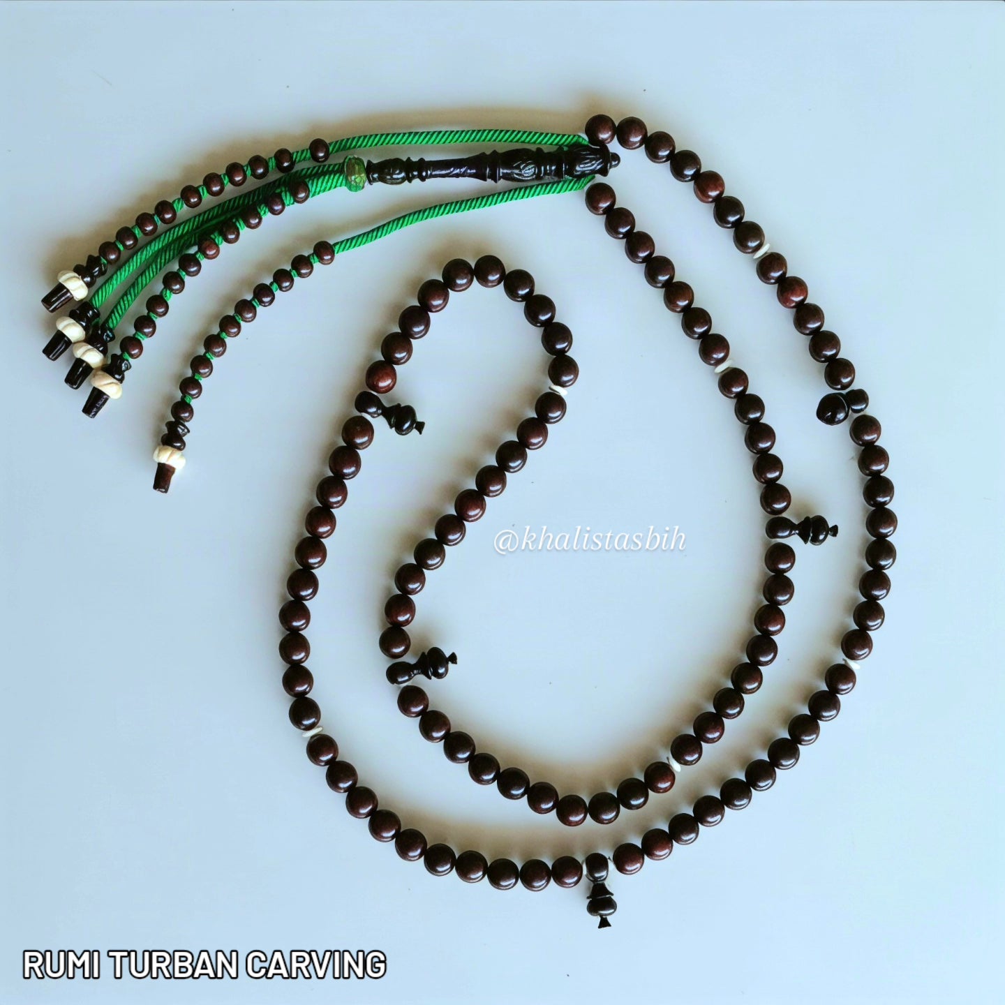 TASBIH TIJANI TAMARINDWOOD 10 MM, RUMI TURBAN CARVED ORNAMENTS