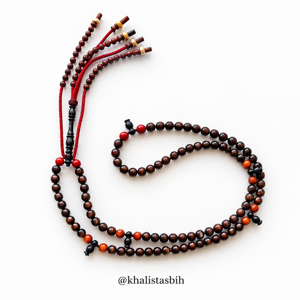 TASBIH TIJANI GOLD YUSER MIX RED CORAL SIZE 10 MM, RUMI CARVED