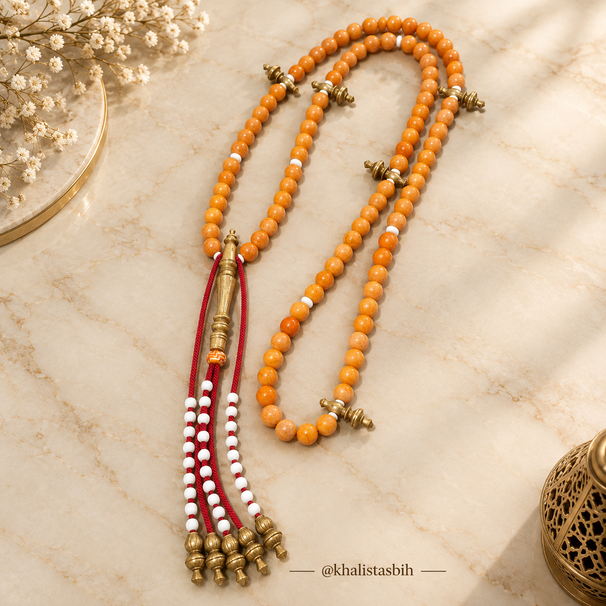 TASBIH TIJANI ORANGE SPONGE CORAL SIZE 12 X 7 MM BEAUTIFUL ARTISANAL MISBAHA